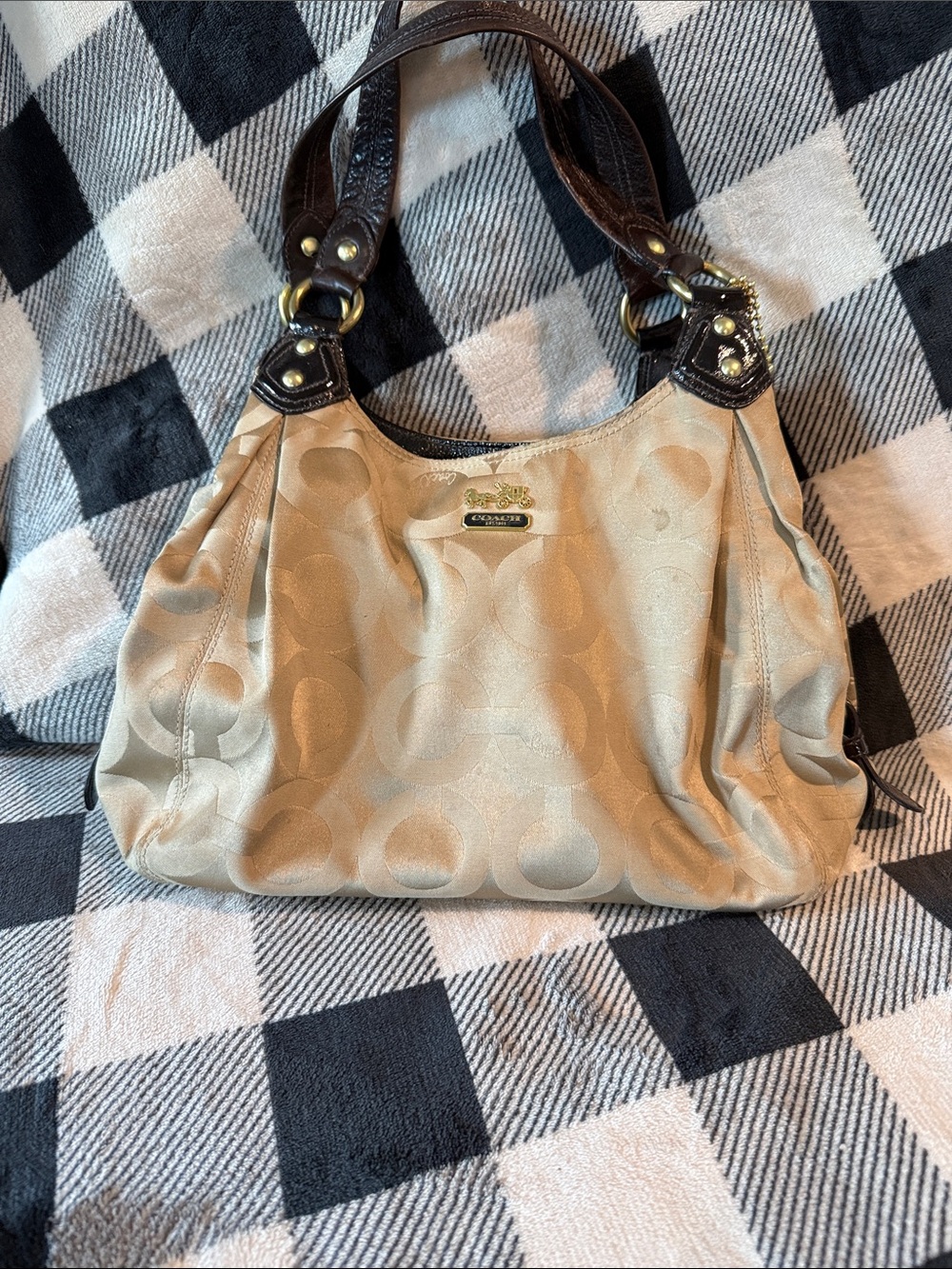 Coach Beige Signature Shoulder Bag with Dark Brown Leather Handles